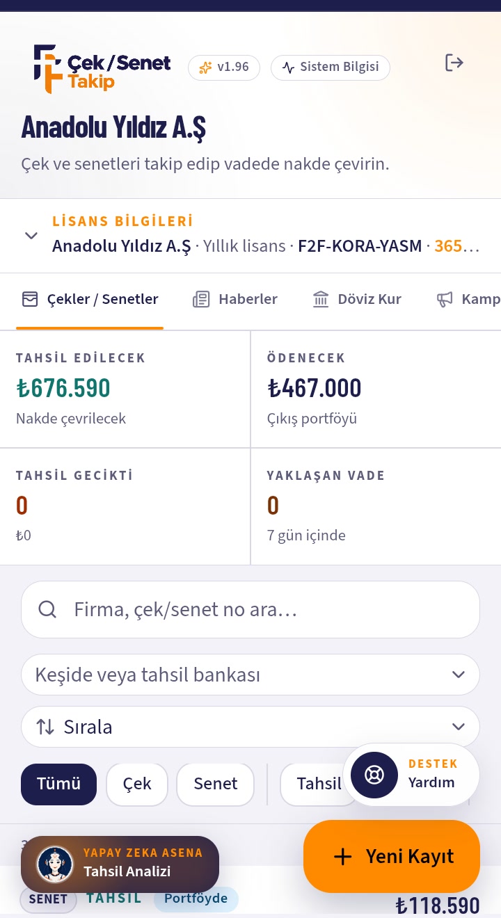 Çekler / Senetler portföy ekranı